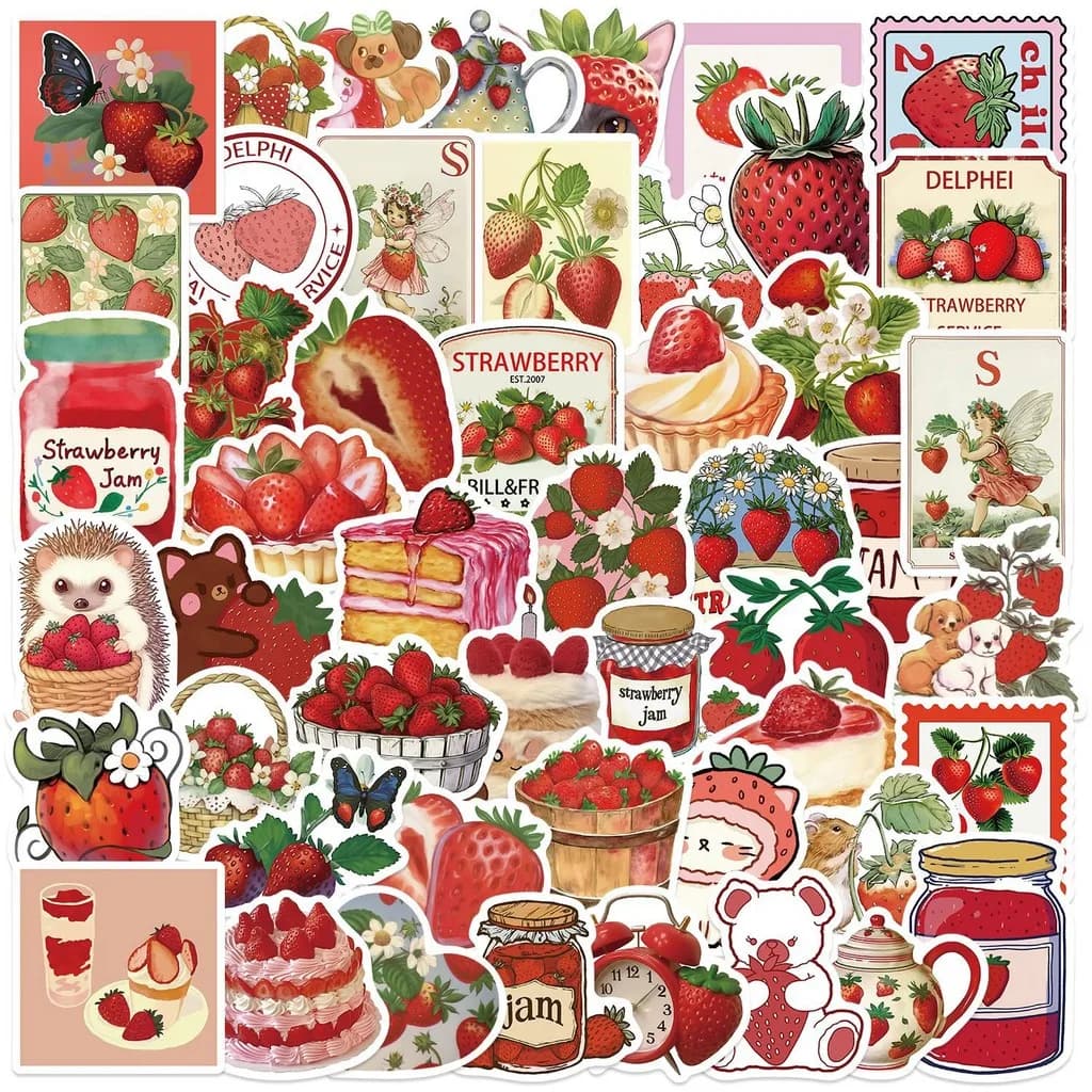 50 strawberry aesthetic stickers | Decalcomanie waterproof for cartoons for guitar recording and luggageYourLife Store