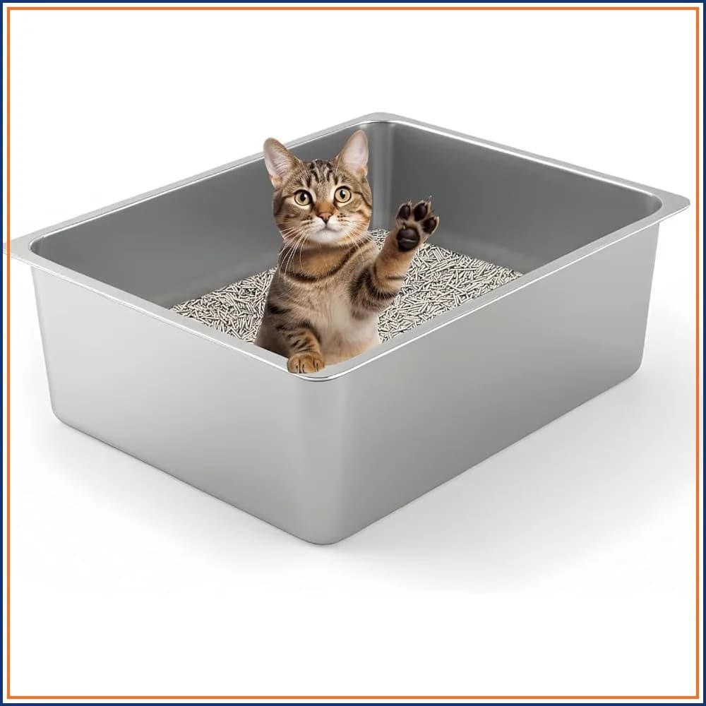 Stainless Steel Cat Litter Box - Metal High Sided Pan, Large, Non Stick, Easy Clean, Indoor Pet Toilet for Cats & Rabbits
