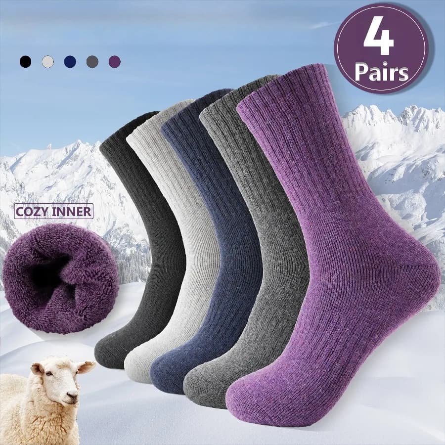 4 Pairs Hiking Socks, Thermal Warm Winter Thick Cushion Moisture-Wicking Crew Boot Socks for Women