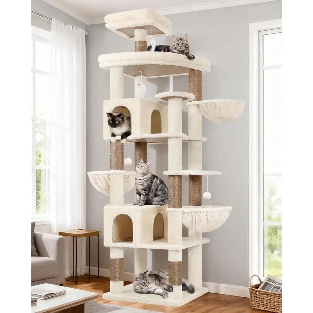 Albero per Gatti da Interno Resistente Alto 208 cm con 8 Tiragraffi, 2 Casette, 2 Piattaforme, 3 Cesti, Beige