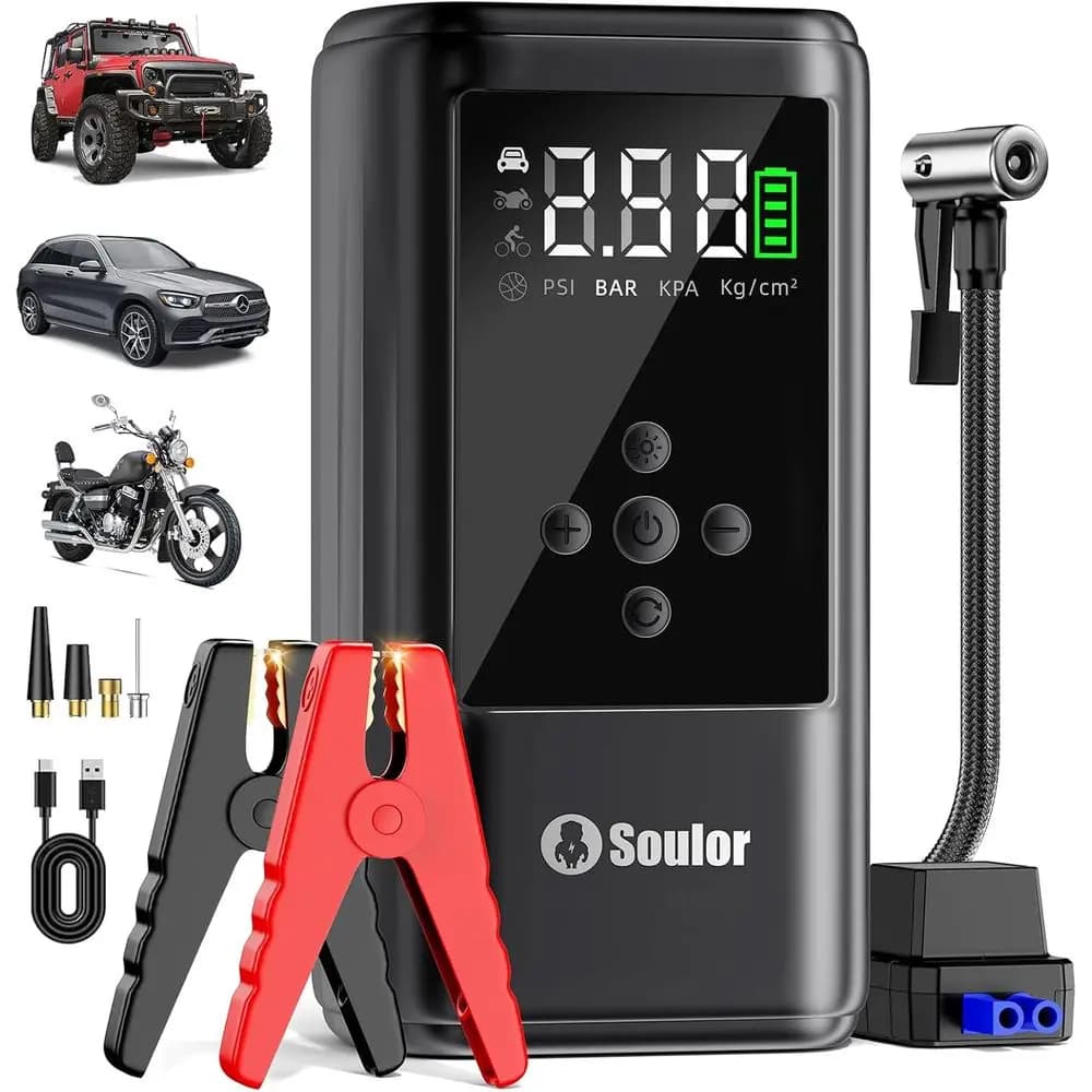 Avviatore d'Emergenza Portatile 10-in-1 per Auto con Compressore d'Aria, Gonfiatore Pneumatici 160PSI, Luce LED e Cavi di Avviamento per Tutte le Auto