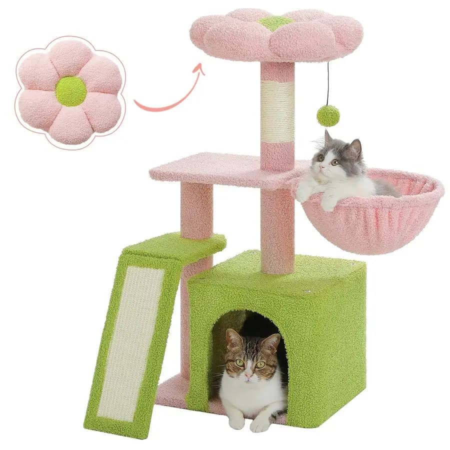 Albero per Gatti a Forma di Fiore per Gatti da Interno, 32 cm, Piccolo Tiragraffi per Gatti con Rampa in Sisal, Amaca Accogliente e Letto a Fiore Rimovibile