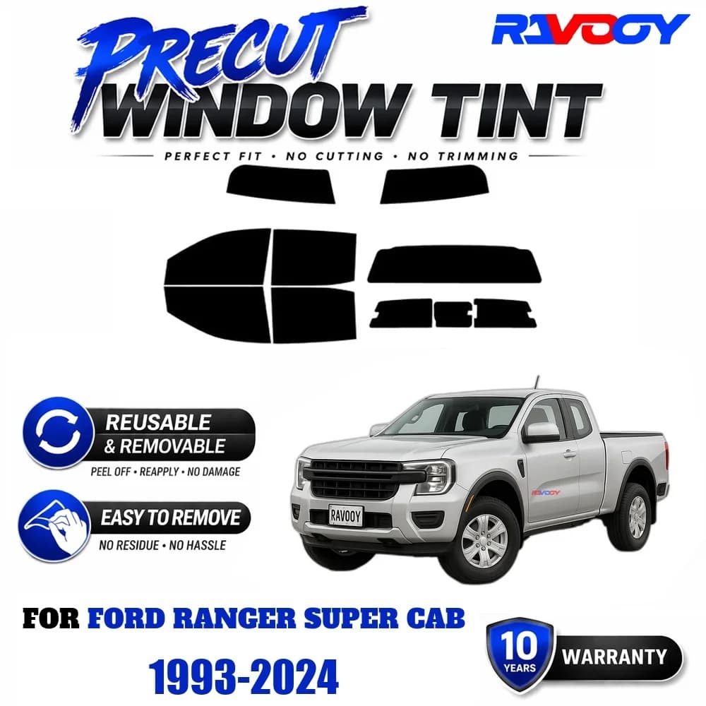 RAVOOY Precut Window Tint, Reusable Removable EPU Film, Custom Fit for Ford Ranger Super Cab 1993-2024, UV Heat Protection