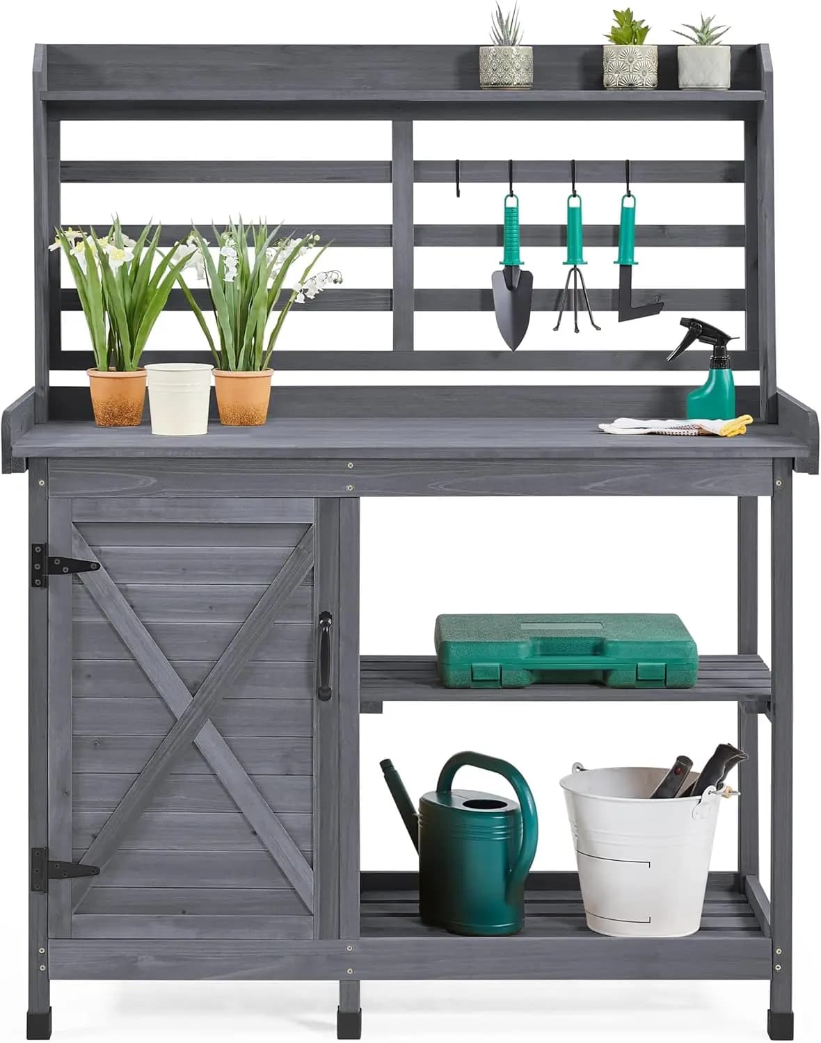 Outdoor Potting Bench with Storage, Planting Table for Patio,Gray | Large worktop, storage cabinet and open shelf organize pots, soil and tools for planting, repotting and everyday garden tasks