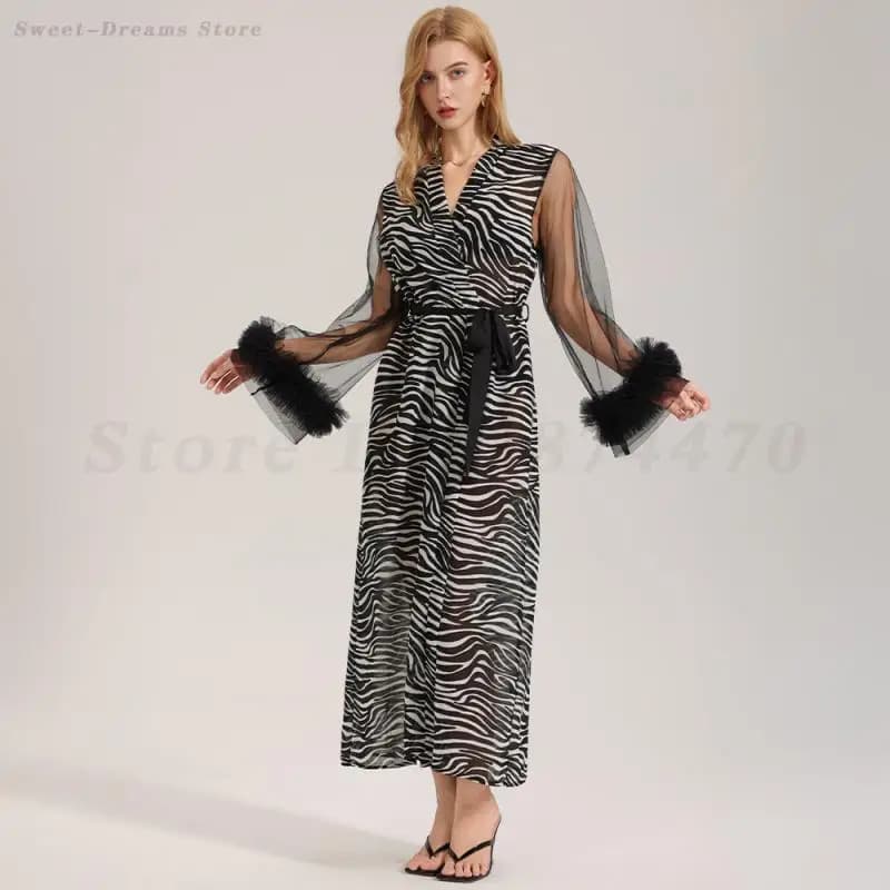 Plus Size Long Robe Sexy Lace Mesh Sleeve Nightgown Female Zebra Stripe Home Wear Silky Satin Bathrobe Kimono Gown Sleepwear