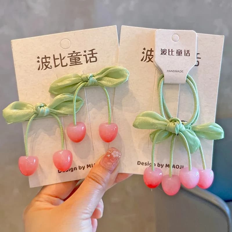 Fermagli e Elastici per Capelli Rosa Verde con Fiocco a Ciliegia per Bambini, Accessori per Capelli Stile Bosco Dolce per Feste e Uso Quotidiano