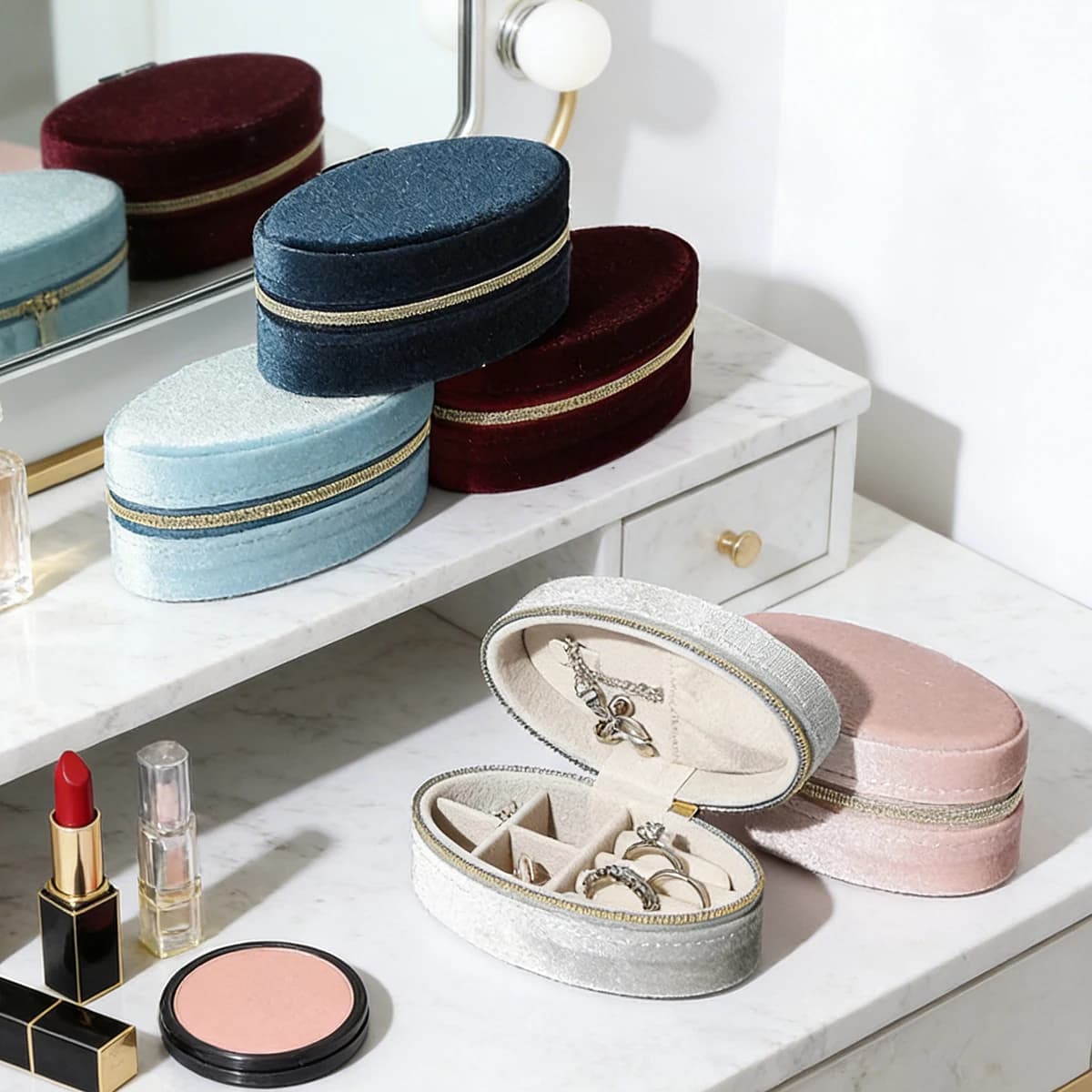 Velvet jewelry box: compact oval organizer with split compartments and hook for necklace | Portable travel storage