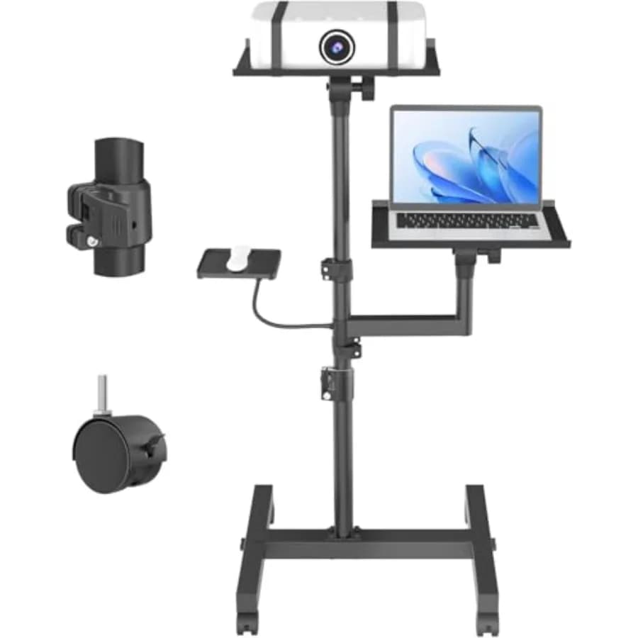 2 Shelves Mobile Projector Stand, Rolling Laptop Stand Adjustable Height to 47 Inches, Podium Stands with Ventilated Tray, Heav