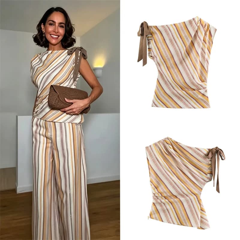 2026 Women's Spring Autumn Tube Top Casual Vacation Striped Sleeveless Tie Shoulder Blouse