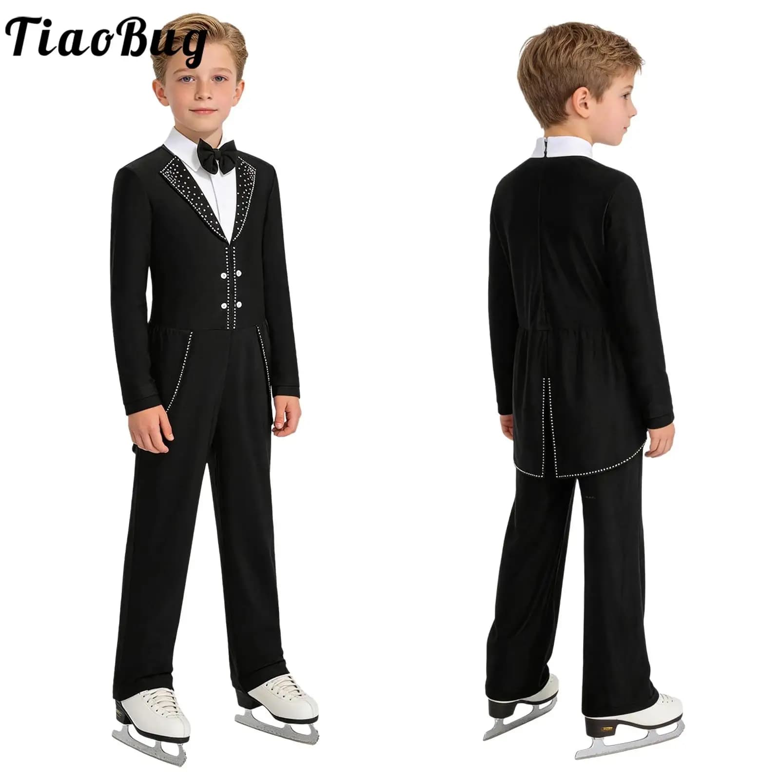 Kid Boys Modern Ballet Figure Skating Dance Costume Bow Tie Collar Lapel Long Sleeve Zipper Jumpsuit for Performance Competition