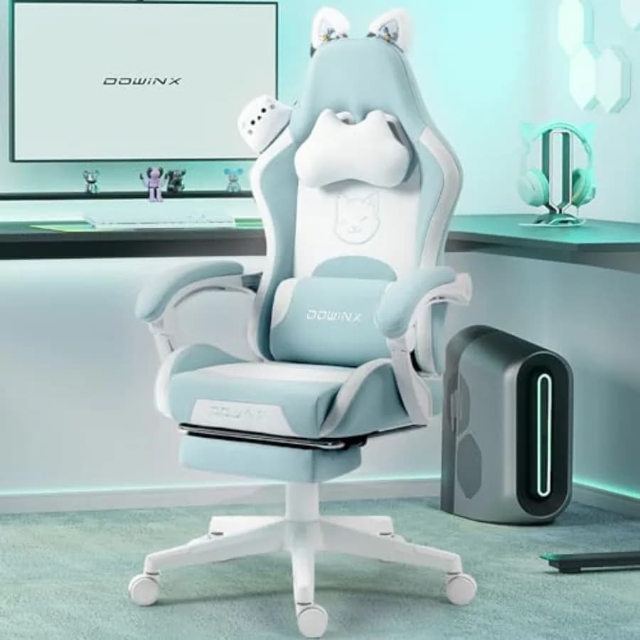 Sedia da Gaming Carina con Orecchie da Gatto e Supporto Lombare Massaggiante, Sedia Ergonomica da Computer per Ragazze con Poggiapiedi e Poggiatesta Comfort