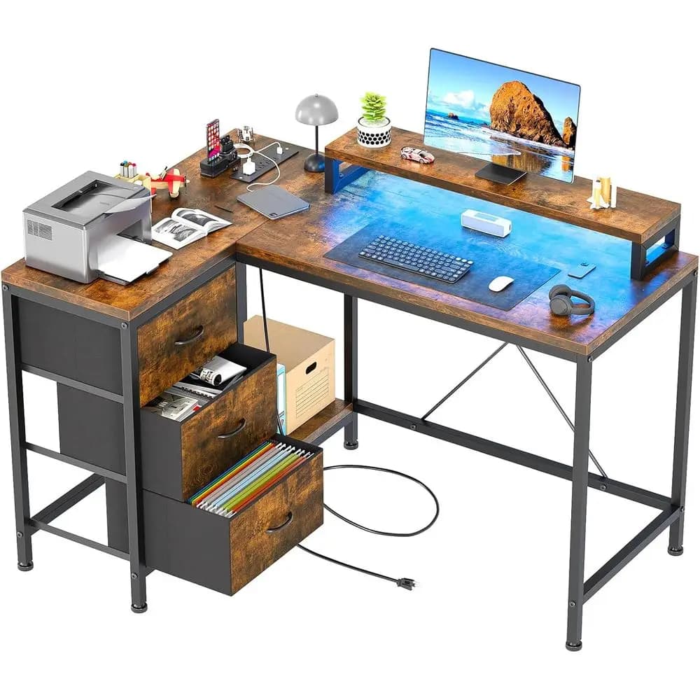 Rustic Brown L-Shaped Desk with Power Outlets, LED Lights, Drawers & Shelves for Home Office and Gaming