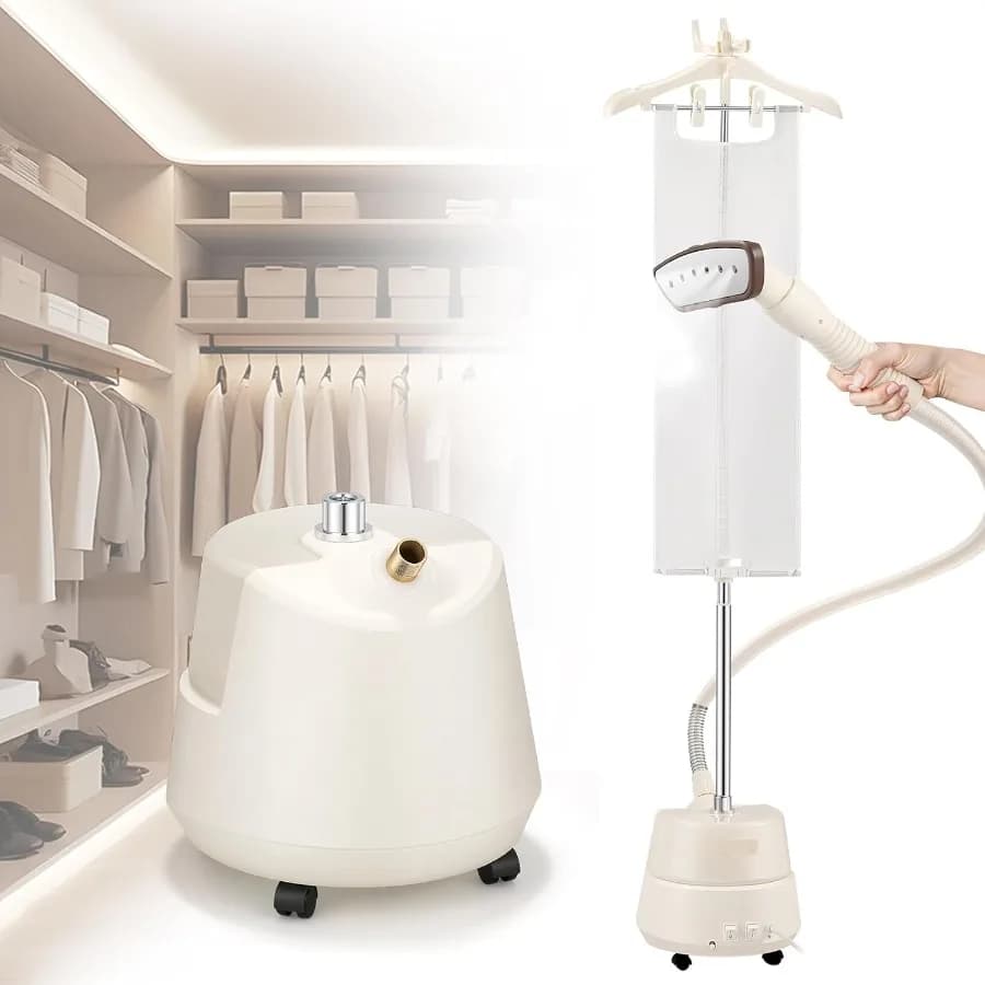 Vaporizzatore per indumenti in piedi aggiornato commerciale per vestiti con porta di scarico 1650 W continuo 70 minuti Vapore potente 30 secondi Calore rapido-