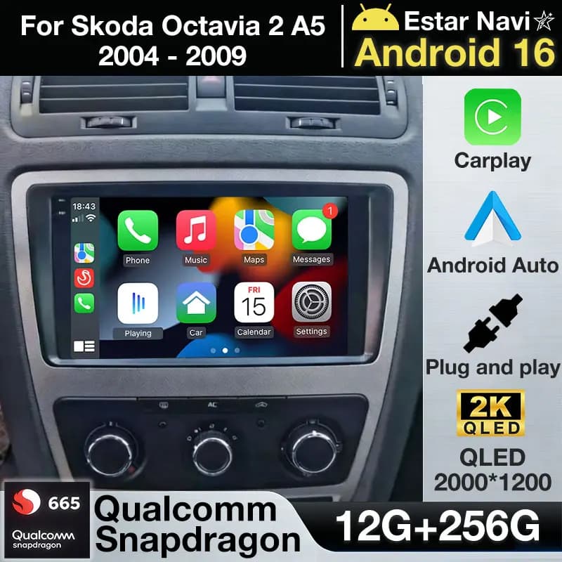 Autoradio Android 16 con Carplay Wireless per Skoda Octavia 2 A5 2004-2009, Telecamera 360°, Audio GPS Stereo, WIFI, BT, 2din, Navigazione DSP