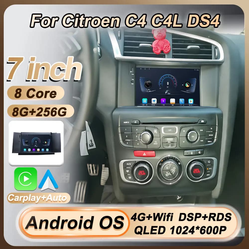 Android Wireless 7-inch Citroen C4 C4L DS4, Stereo Carplay, Multimedia Video GPS, 8 Core, WiFi 5G, No 2din