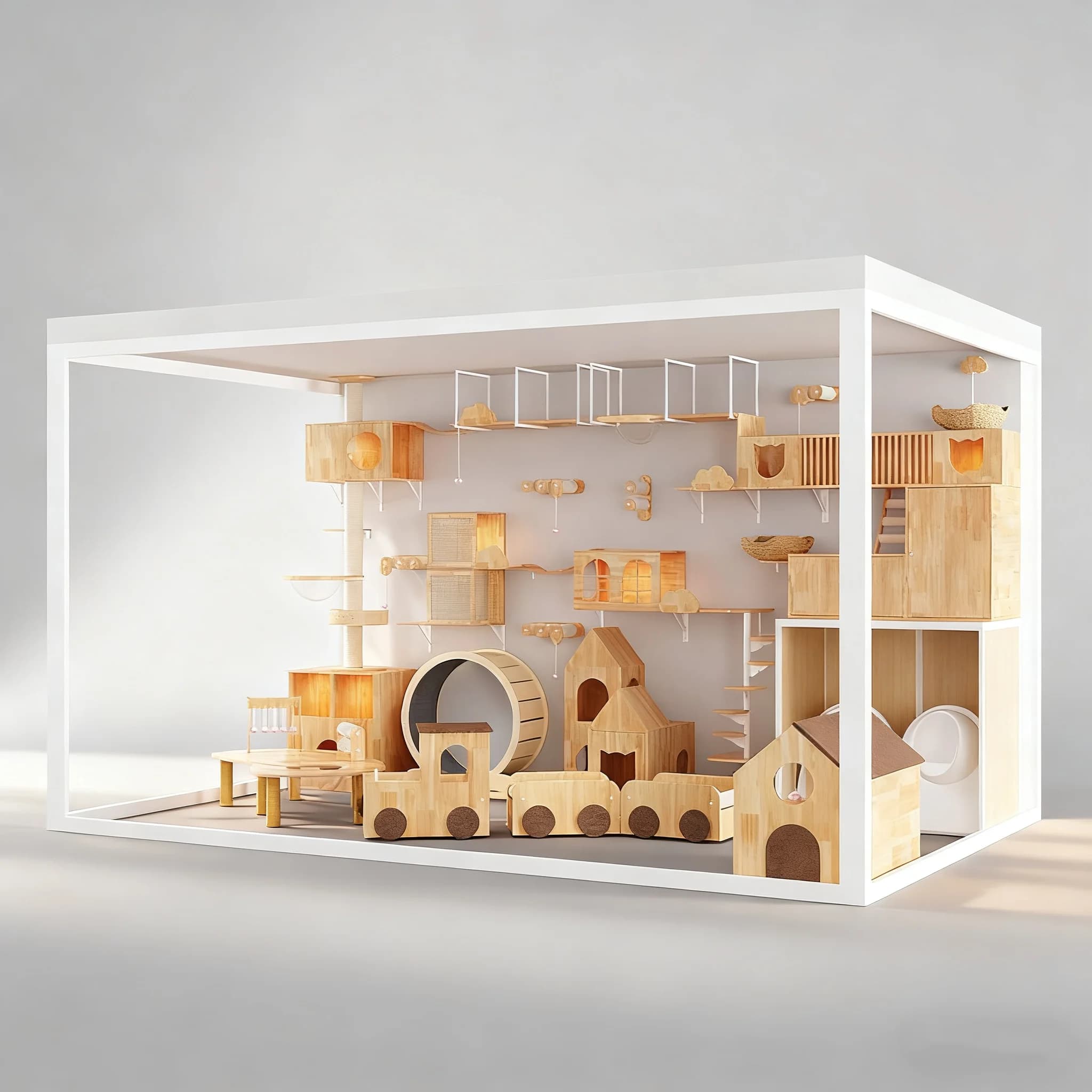 Luxury Carbon Steel Frame With Rubber Wood Board Tempered Glass Pet Tree Tower Cabinet Large Space Cat House Villa