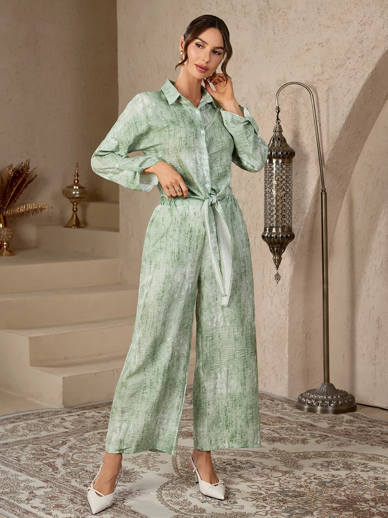 Elegant Complete Two Pieces with Printed Green Shirt and Gamba Larga Pants with Belt, Islamic Daily Clothing Marocchino for Women