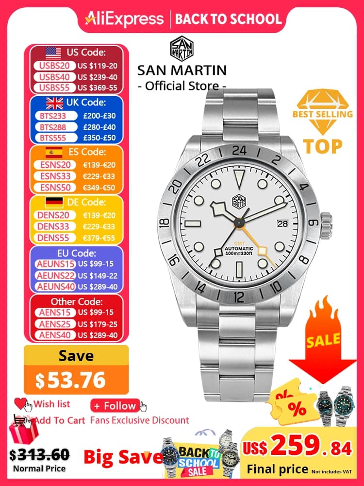San Martin New 39mm NH34 BB GMT Automatic Mechanical Watch Sport Watch Sapphire Luminous Waterproof 100m for Men Relogio SN0054