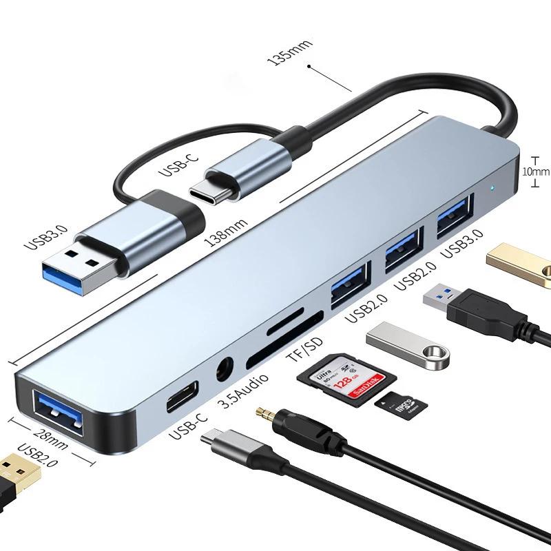 USB Hub C Splitter USB Extender USB 8 in 1 with 4 USB ports 1 USB port TF/SD card reader Compatible audio output for MacBook