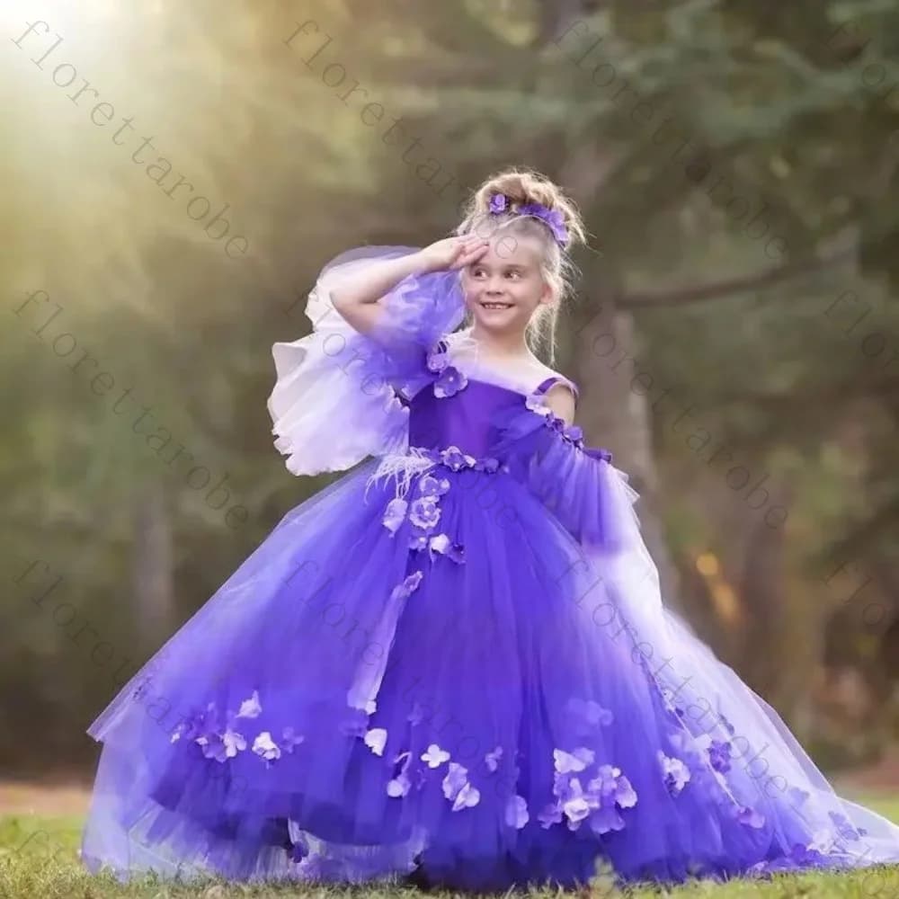 Customized Purple Tulle Flower Girl Dress Long Ball Gown Off Shoulder Flutter Sleeve 3D Flower Applique Wedding Birthday Kids