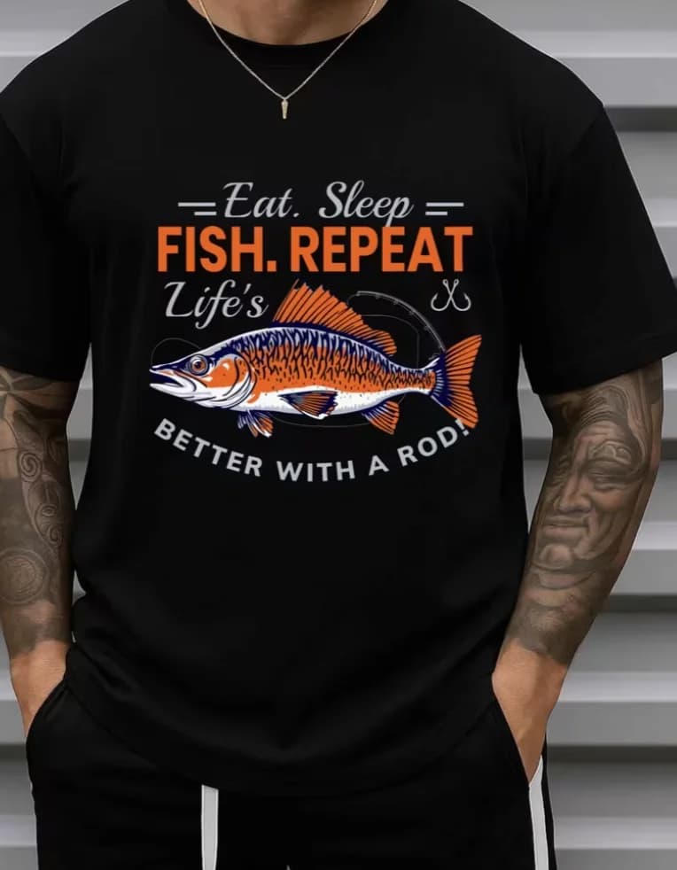 Men'S Funny Fishing T-Shirt Eat. Sleep Fish Repeat. Life'S Better with A Rod Graphic Tee Shirt Black with Orange Fish Crew Neck