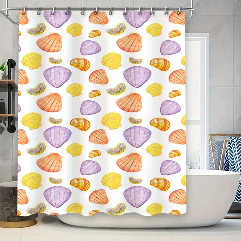 Tenda da doccia con conchiglia acquerello Viola Giallo Arancione Blu Bianco Tessuto con stampa Tappeto da bagno decorativo impermeabile Decorazioni per la casa