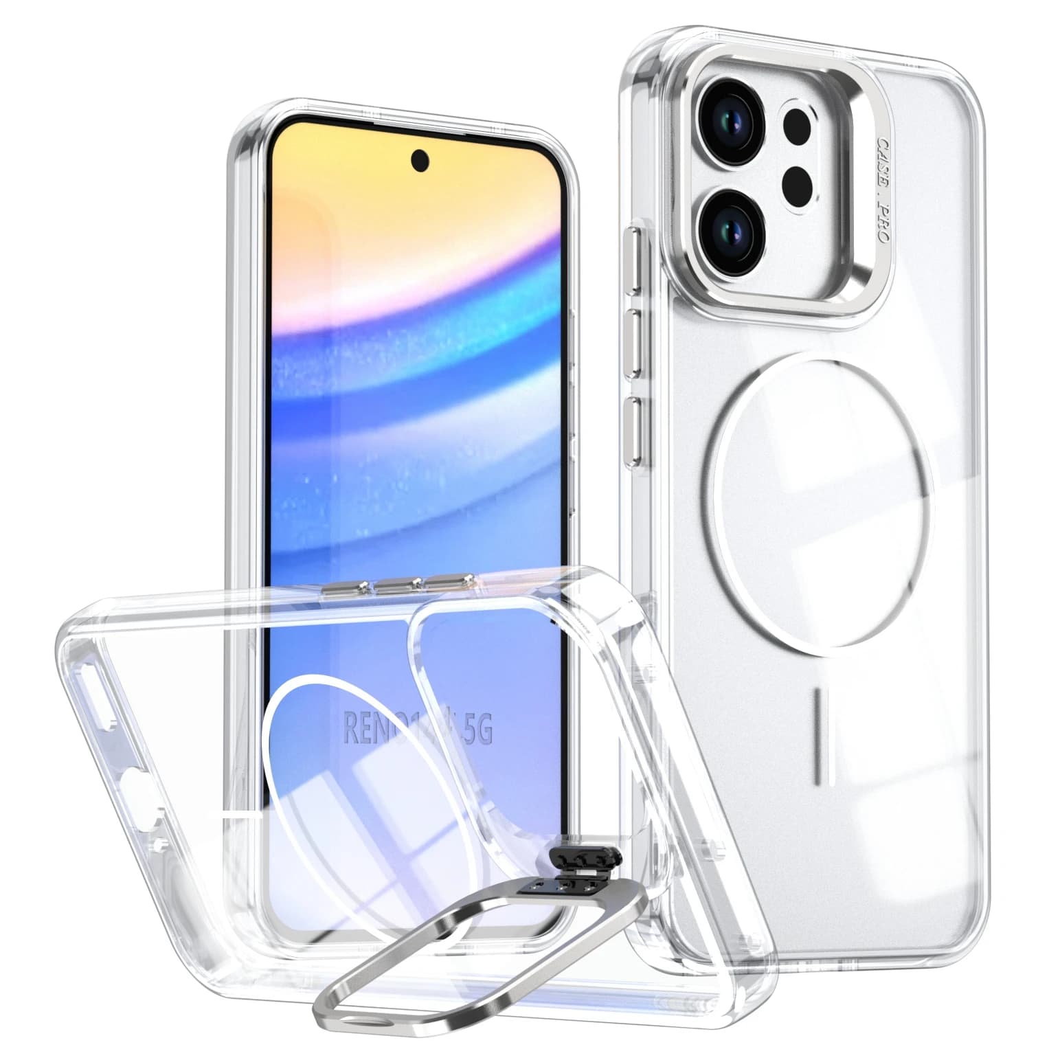 Custodia Magnetica Trasparente con Supporto per RENO 14 F 5G, Compatibile con MagSafe, Cover Protettiva Sottile Antiurto per OPPO RENO14 F 5G