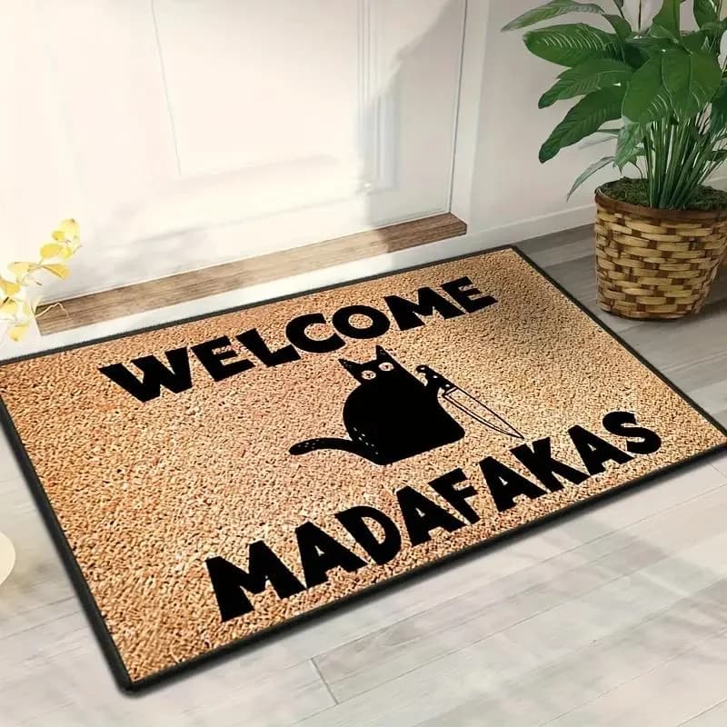 VIKAMA Funny Black Cat Doormat Cartoon Kitten With Knife Pattern Non Slip Entrance Mat Front Door Floor Mat For Indoor Home Deco