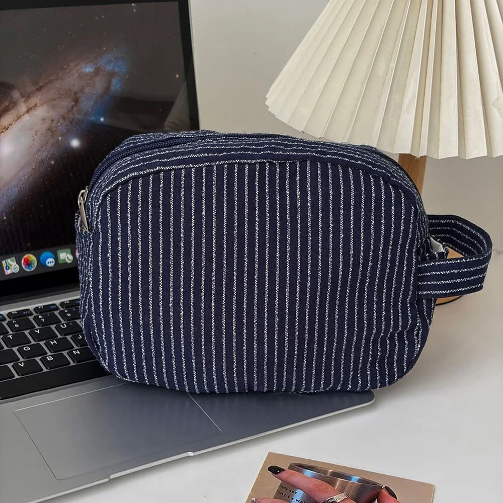 5pcs Cosmetic Bag Women Cotton Solid Thin Striped Printing Travel Makeup Pouch With Wrist