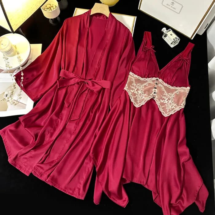 Primavera estate accappatoio in raso Loungewear donna 2 pezzi Robe Set Sleepwear Sexy Patchwork camicia da notte in pizzo intimo Lingerie Home Dress