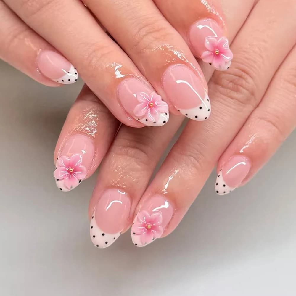 24pcs Short Oval 3D Gel Nail, Flower Nail Art French Acrylic Press-On Nails