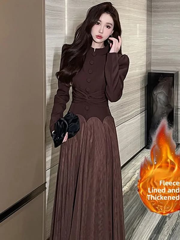 Retro Fleece Lined Thickened Gown Elegant Lady's Waist Cinched Long Skirt Polyester Fiber Winter Season High Waist A-Line Dress