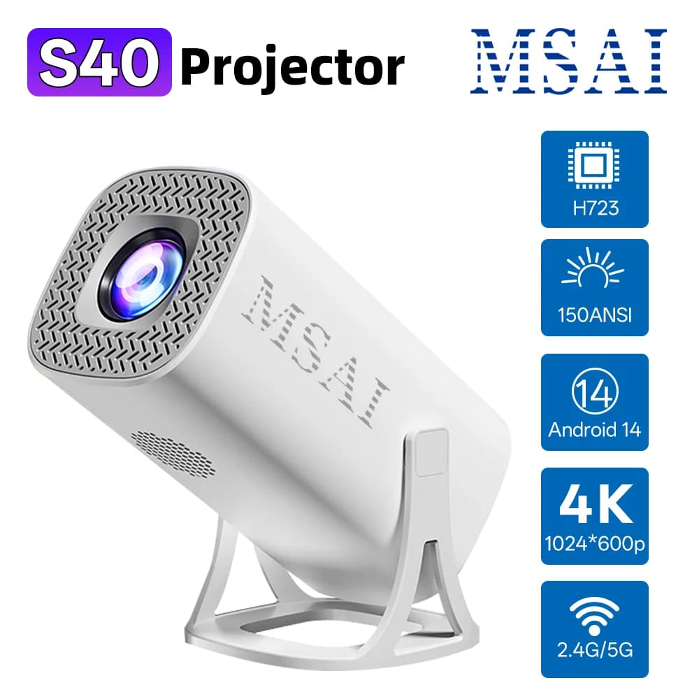 Proiettore MSAI 150 ANSI S40 Multilingue Android 14 1024x600P con Correzione Trapezoidale a 4 Punti, Schermo 40-120" e Casting Wireless per Casa ed Esterni