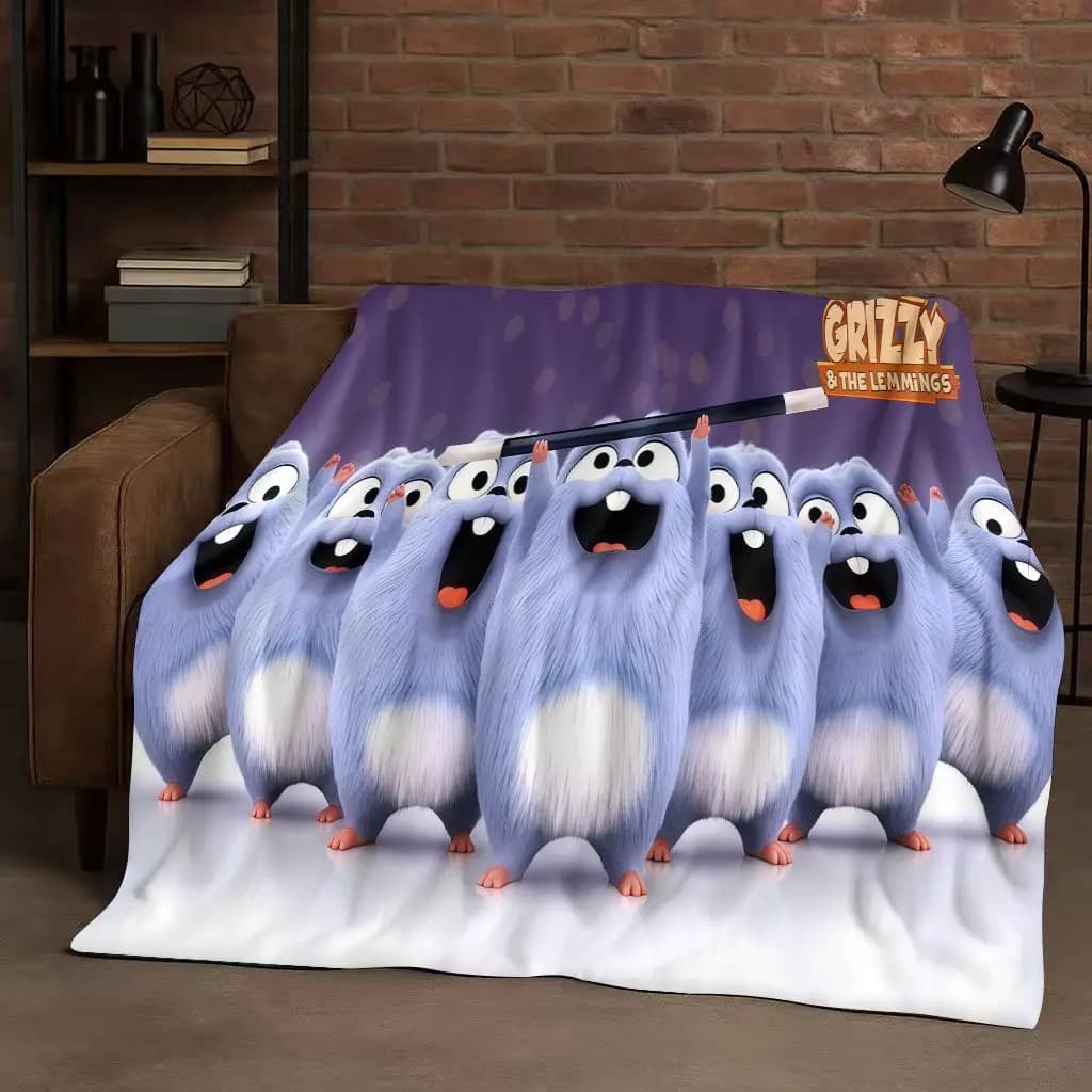 Coperta in flanella di cartone animato Kawaii Grizzy e The Lemmings, peluche ultra morbido e caldo per la copertura del divano letto della camera da letto di casa, regalo per bambini