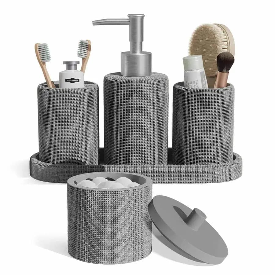 Set da Bagno Grigio, Set di Accessori per il Bagno 5 Pezzi, Set da Bagno con Dispenser Sapone, Porta Spazzolino, Tu