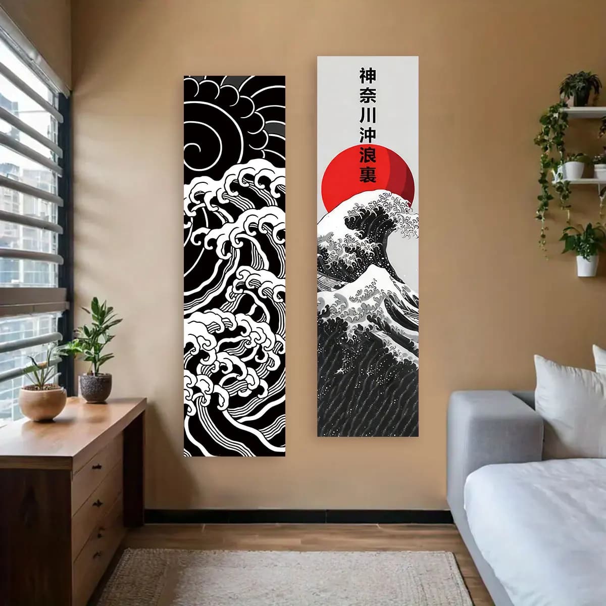 Black Ocean Waves Red Sun Tapestry The Great Wave Kanagawa Tapestry Wall Hanging Japanese Ukiyo-e Art Tapestry Wall Decoration
