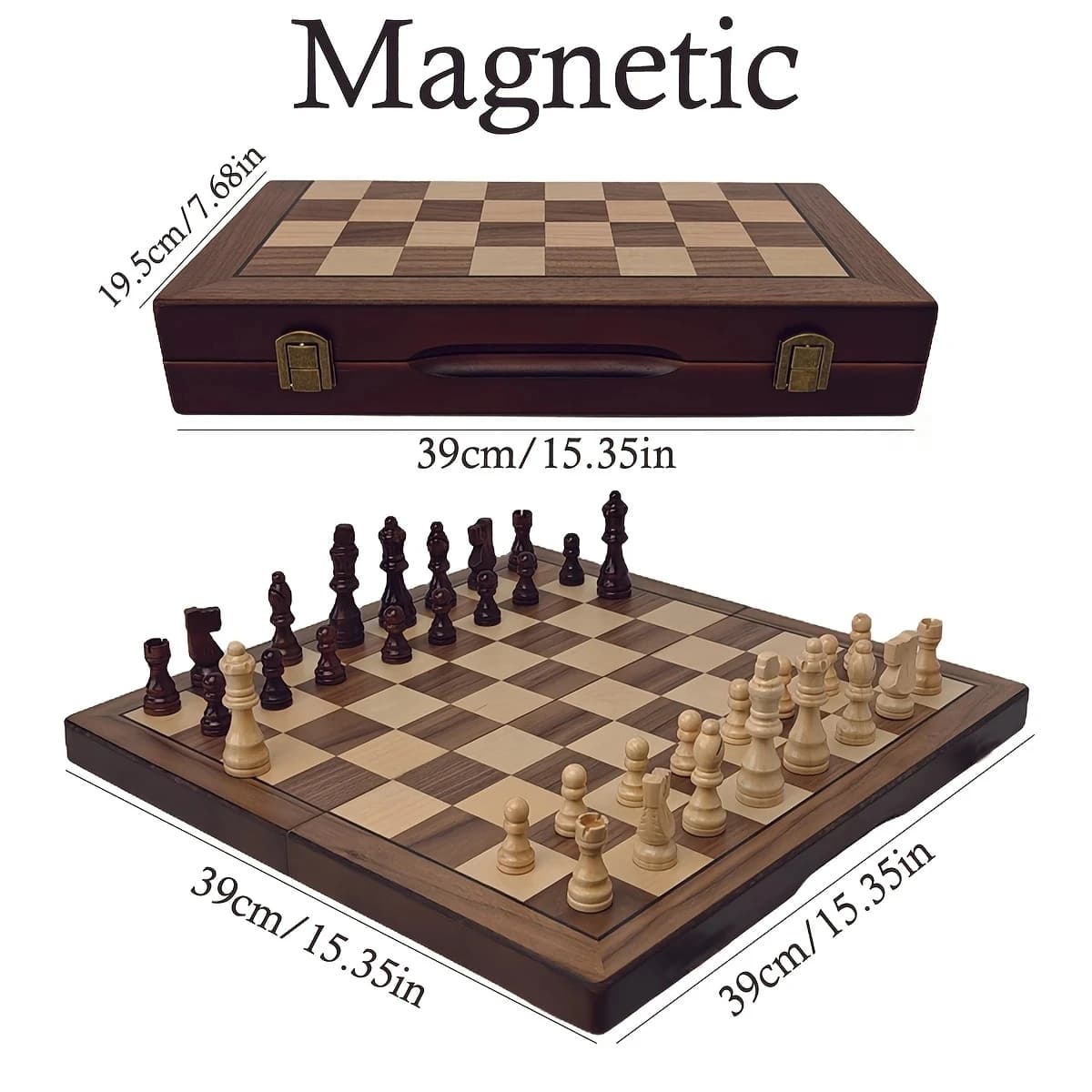 Set di scacchi magnetici in legno da 39 cm/15,35 pollici con 2 regine aggiuntive, tavola da viaggio portatile pieghevole, adatta per il torneo