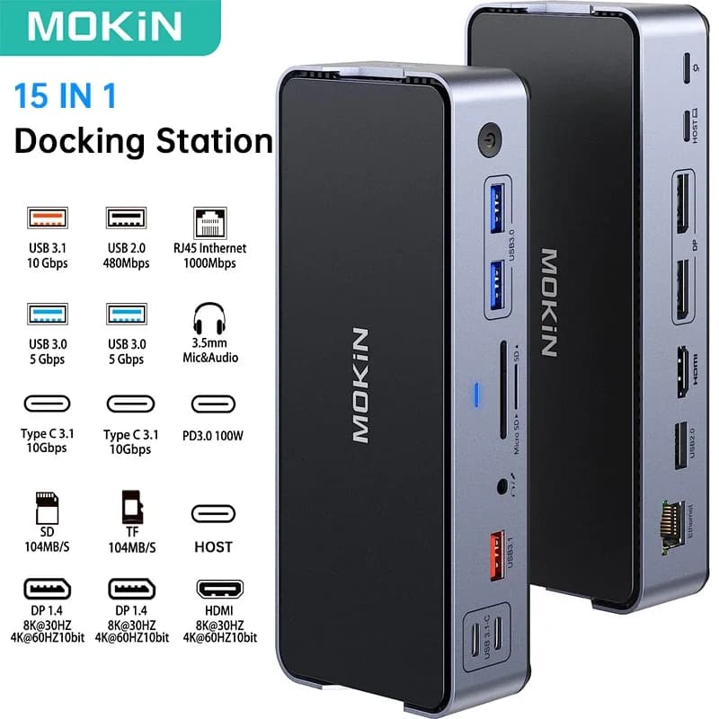 MOKiN 15 IN 1 Docking Station USB C 8K 30hz porte HDMI 3 monitor USB 3.1 100W PD SD TF Dock USB C per laptop MacBook Lenovo PC