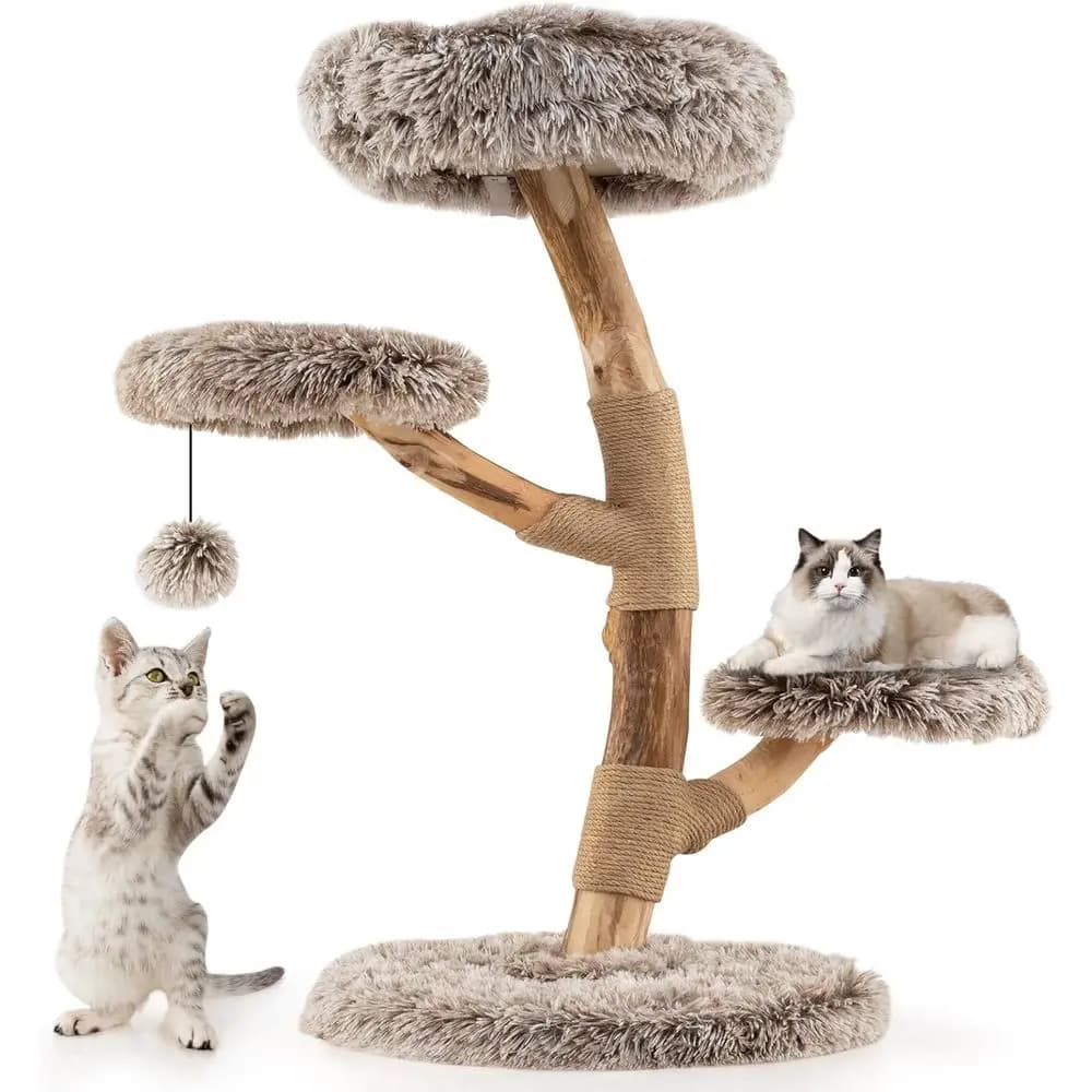 Torre per Gatti Multilivello in Legno con Tiragraffi, Cuccia Accogliente, 2 Piattaforme, Palla Pendente, Peluche e Ramo Naturale per il Gioco