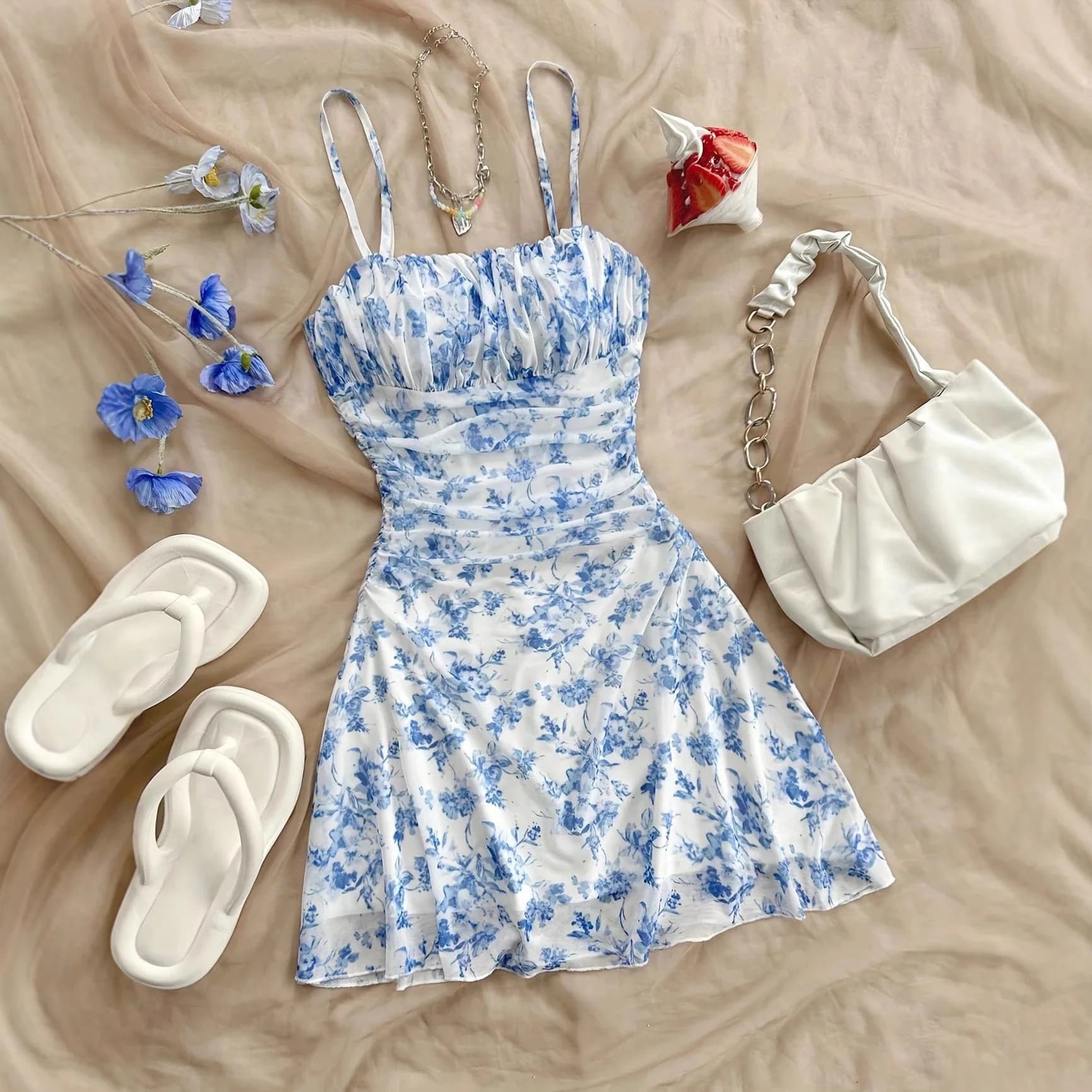 Sexy Floral Halter Neck Women's Dress Beach Waist Cinching Gown Style Knitted Polyester Thin Summer 2025 Couples Wear