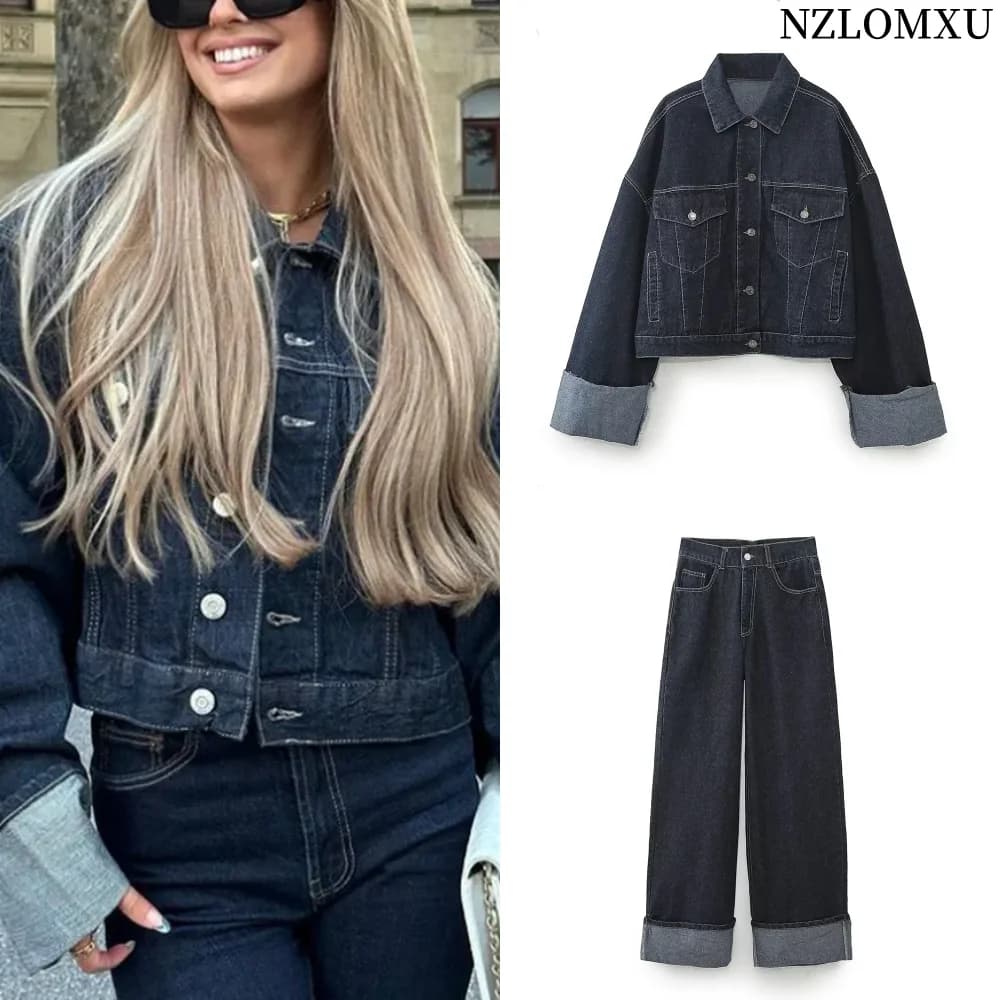 Short jeans jacket loose women's fashion autumn 2023 + 2-piece Jean wide dress draped