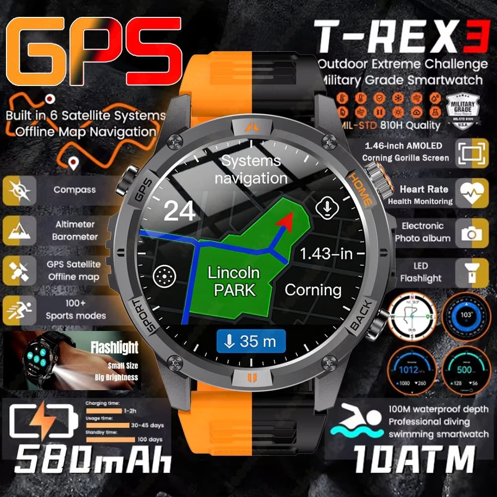 T-Rex 3 Military Rugged Smart Watch Men's 580 mAh Battery Built-in GPS Altimeter 3ATM Waterproof Talking 170+ Sport Smartwatch