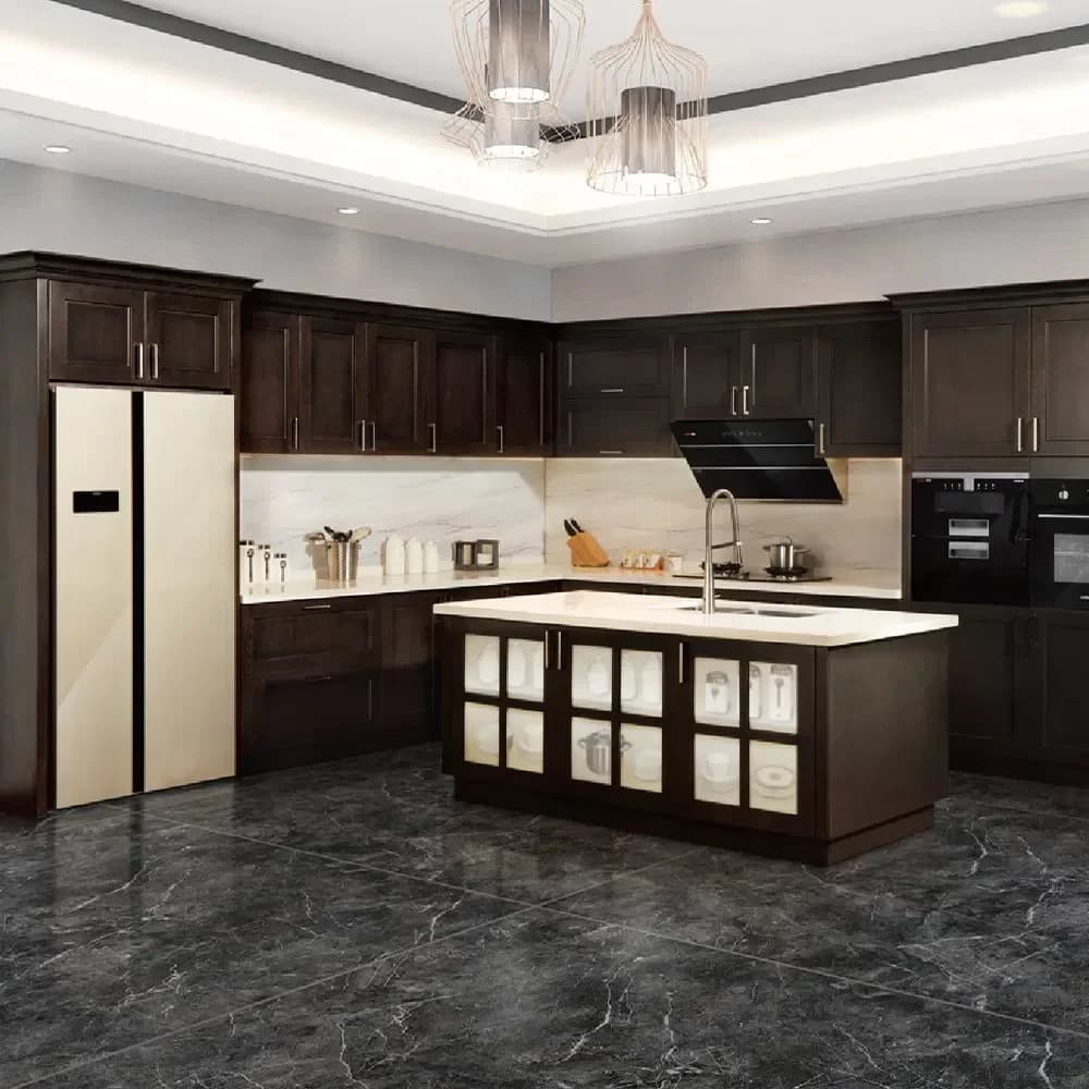 Armadi di lusso a forma di L realizzati su ordinazione con isola della cucina e piano di lavoro al quarzo (alto lucido)