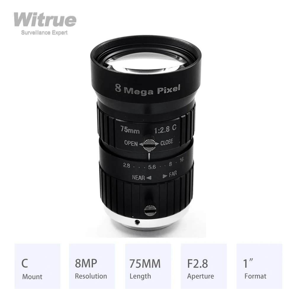 Obiettivo C-Mount 4K HD 8 Megapixel, 75mm Lunga Distanza, Apertura F2.8, Formato 1", Iris Manuale per Telecamere di Sicurezza Industriali CCTV