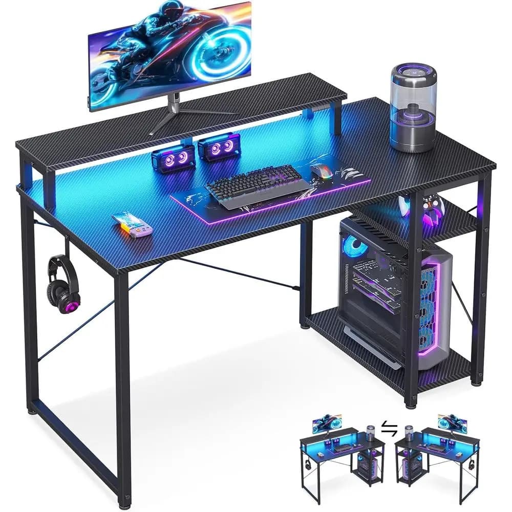 Compatta 40 Gaming Desk with Storage Space, LED Lights and Monitor Support - Black Carbon Fiber Texture