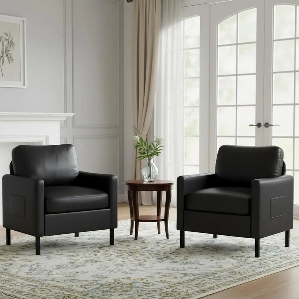 Set di 2 Poltrone in Pelle Nera con Braccioli, Sedia Laterale Piccola con 2 Tasche/Cuscino Spesso, Divano Singolo Comodo o Poltrona