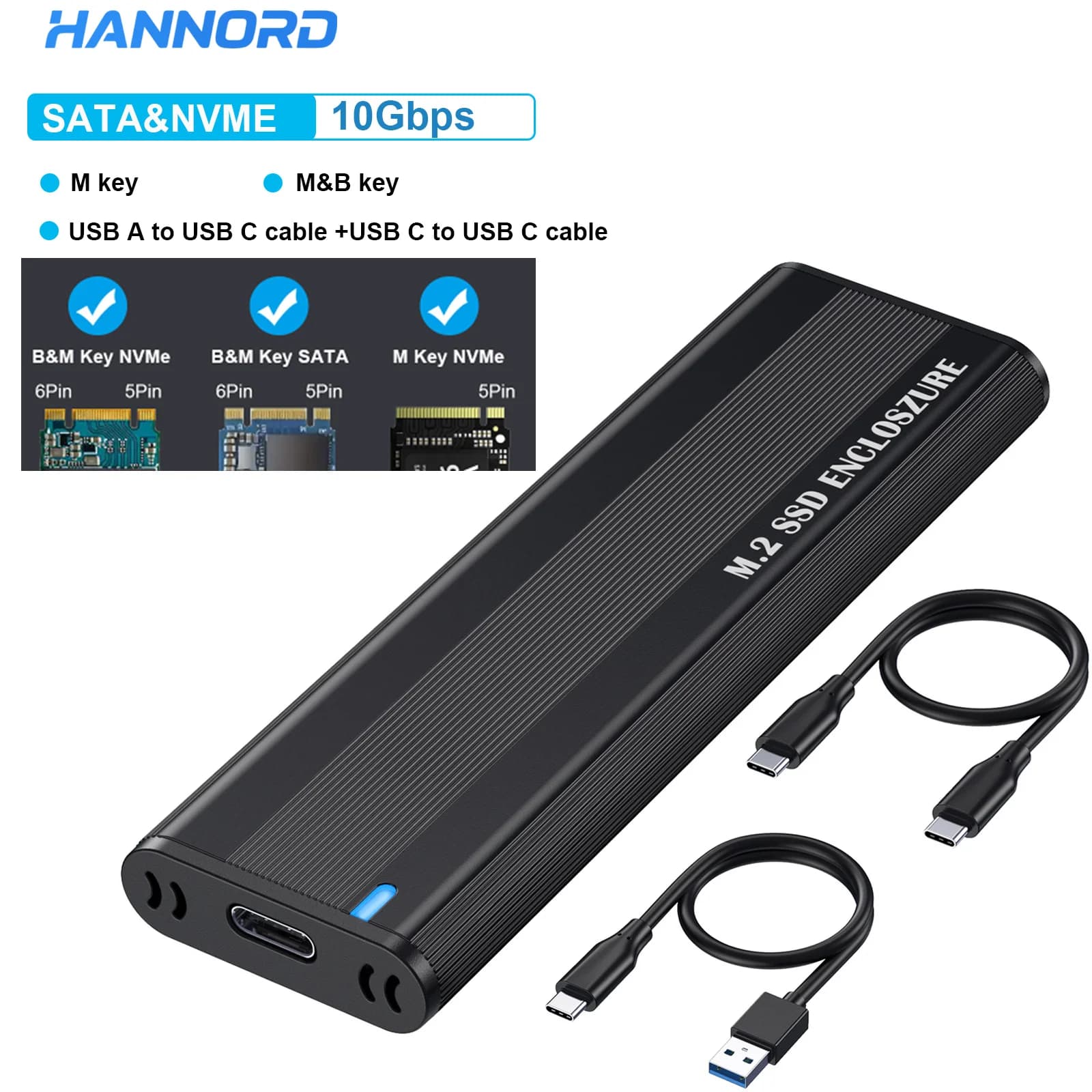 Hannord Custodia SSD da M.2 a USB C da 10 Gbps Custodia esterna Custodia SSD M2 NVME SATA Doppio protocollo Adattatore SSD USB tipo C 3.1