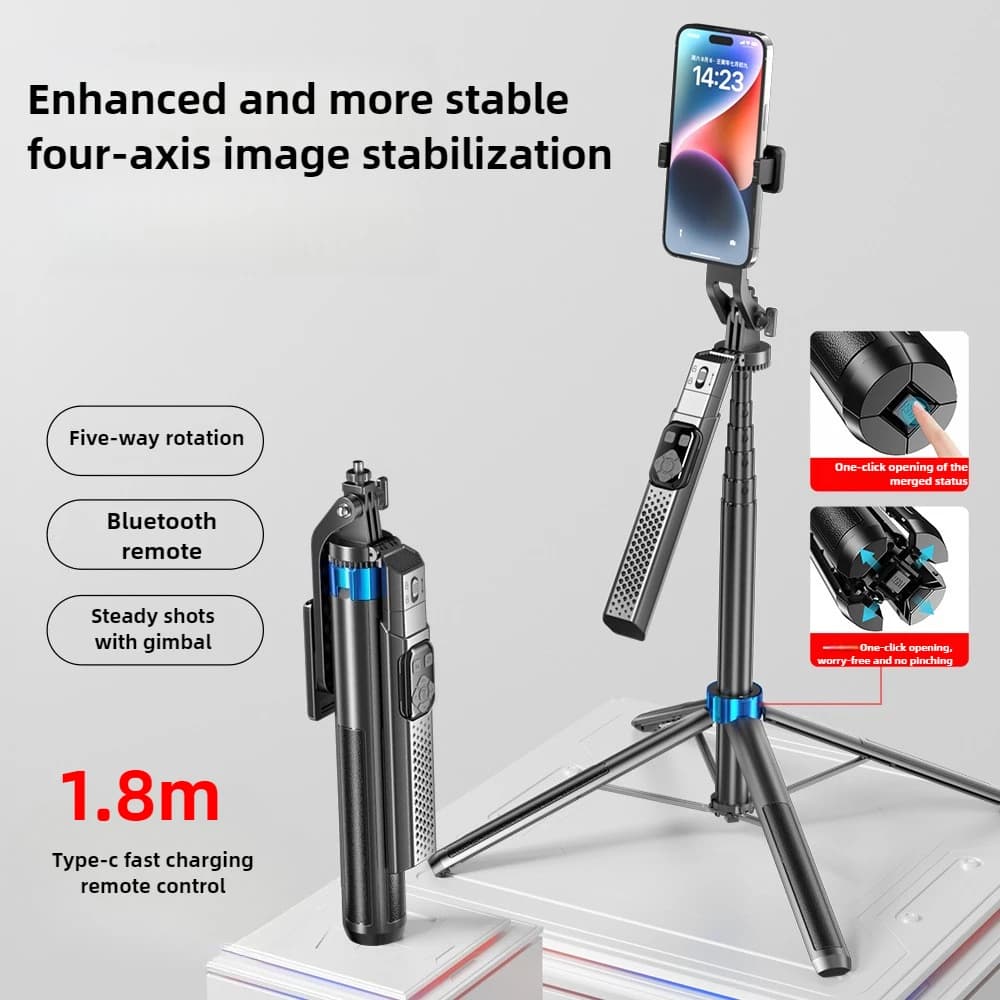 Treppiede da tavolo per telefono remoto wireless staccabile con selfie stick da 180 cm per iPhone Android Smartphone Tiro Vlog
