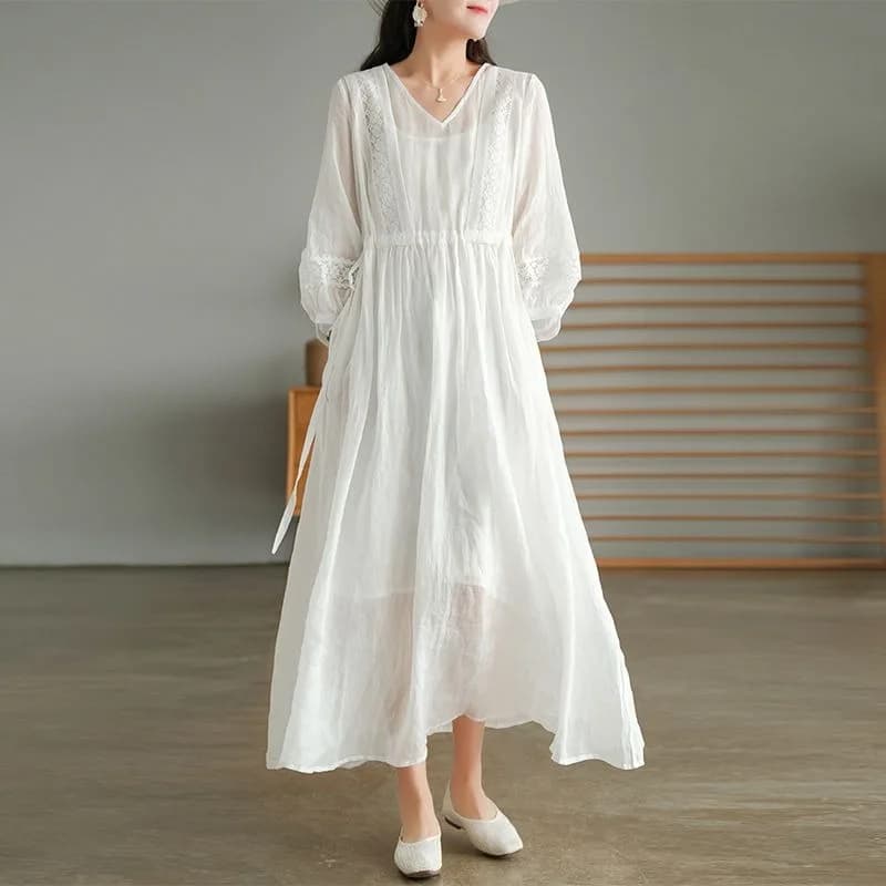 Literary Style Lace Splicing V-neck Dress Women's Summer High-end Comfortable Lace-up Waist Long Skirt
