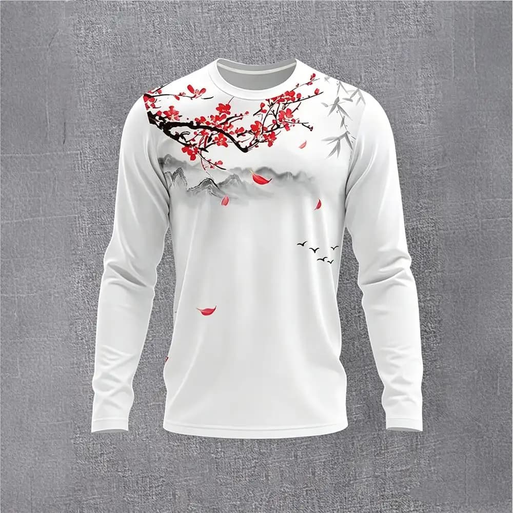 T-shirt a maniche lunghe da uomo in stile cinese con stampa a inchiostro di fiori di prugna, vintage, con paesaggio, casual, maglia base, top streetwear alla moda